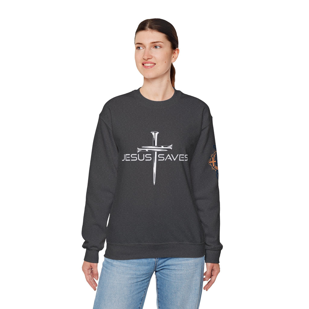 Jesus Saves Sweatshirt – 3 Nails Crucifix Cross Christian Sweatshirt for Redemption Faith & Bold Salvation Printify