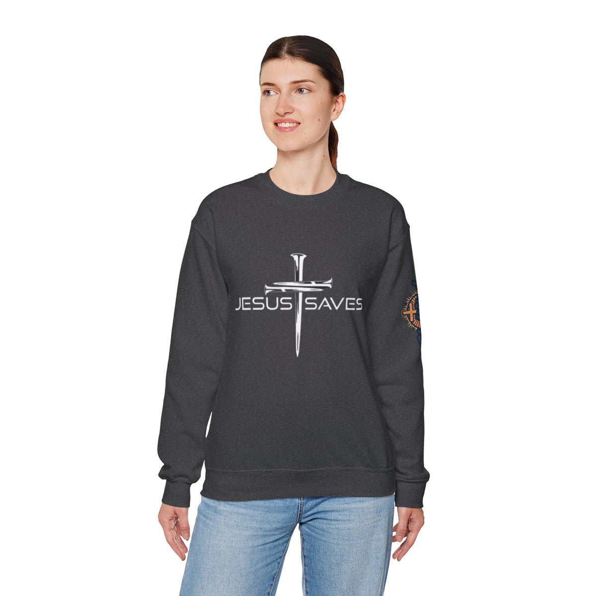 Jesus Saves Sweatshirt – 3 Nails Crucifix Cross Christian Sweatshirt for Redemption Faith & Bold Salvation Printify