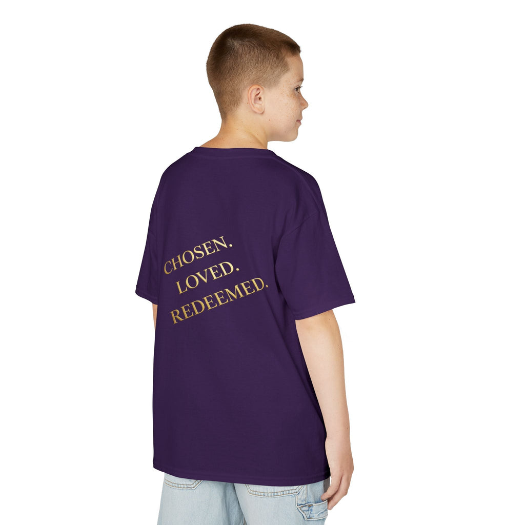 ✨ Chosen. Loved. Redeemed. – Elegant Christian Kids T-Shirt | Gold Foil Faith Tee | Subtle Cross & Heart Design | Inspirational Bible Verse Apparel by Uplifted Gear Printify