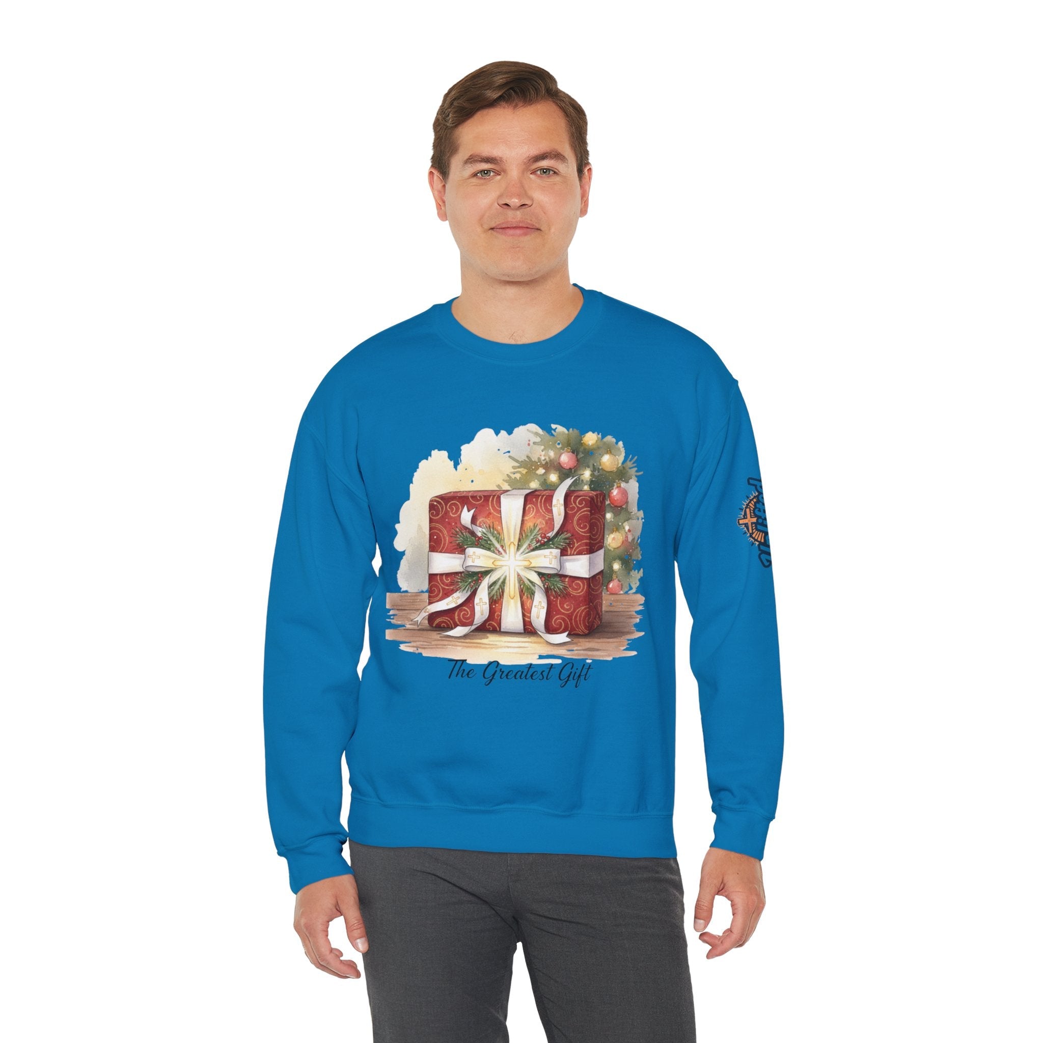 The Greatest Gift Sweatshirt – Cross Bow Present Christian Sweatshirt for Christmas Salvation & Eternal Faith Printify