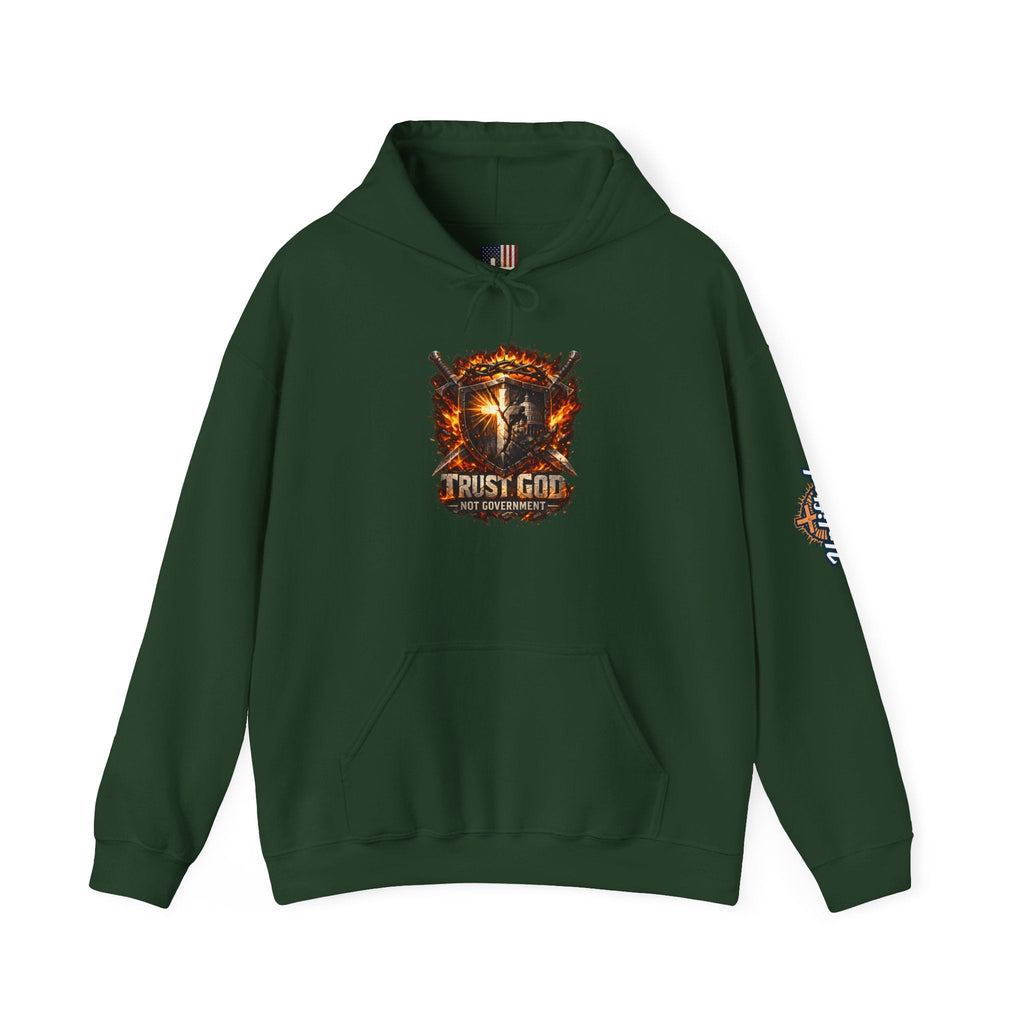 Trust God Not Government Shield Hoodie — Patriotic Christian Faith Hoodie Printify
