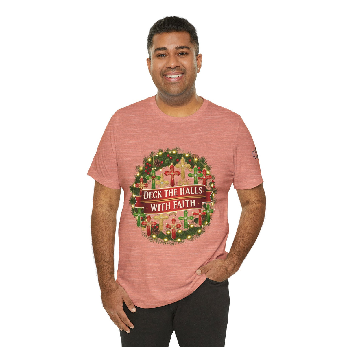🎄 Deck the Halls with Faith – Christian Christmas T-Shirt | Cross Ornament Design & Festive Garland | Bold Holiday Faith Tee by Uplifted Gear Printify