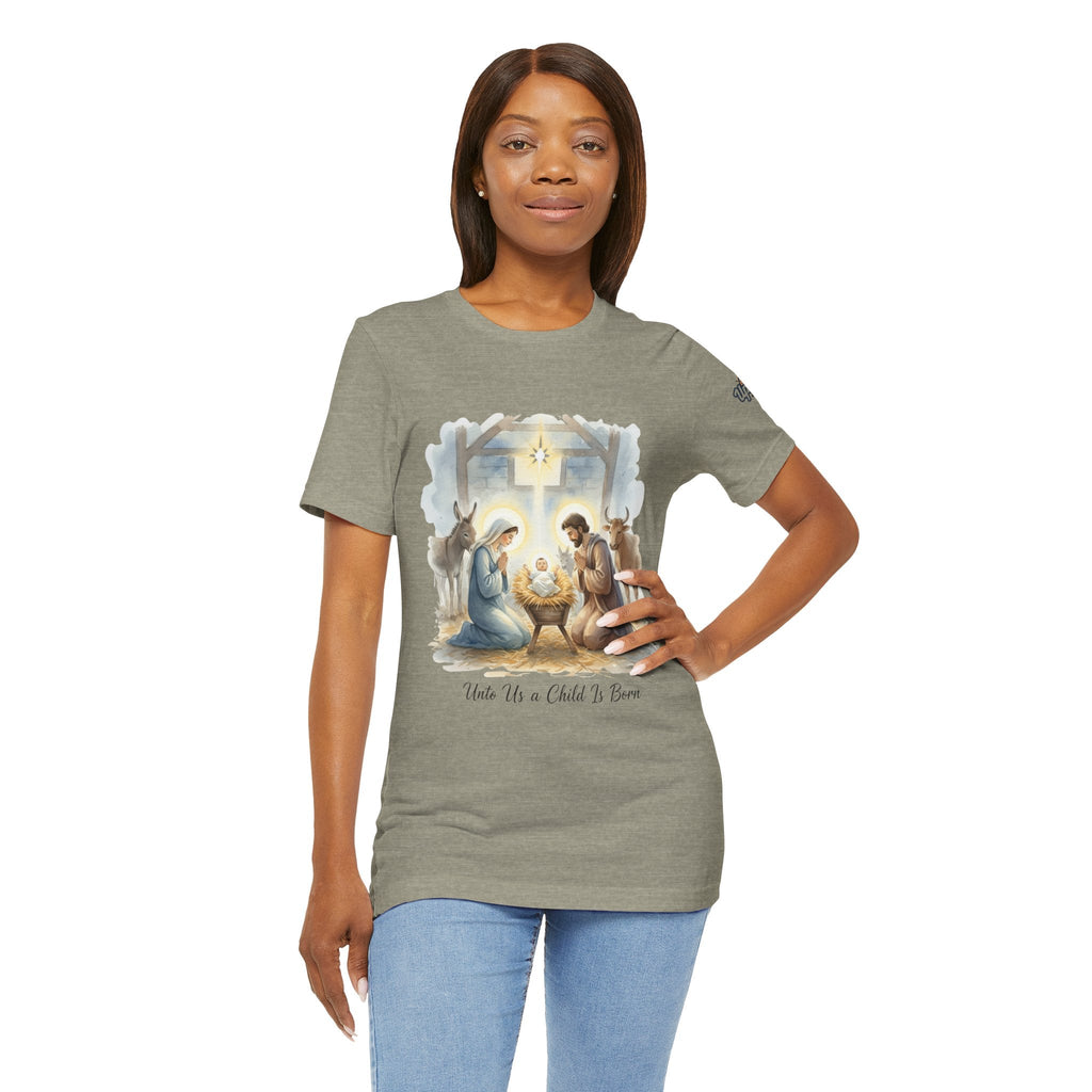 Unto Us a Child is Born T-shirt – Isaiah 9:6 Nativity Manger Scene Christian Christmas T-shirt for Holy Night Faith Printify