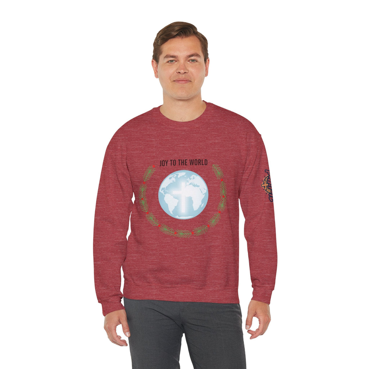 Joy to the World Sweatshirt – Wreath Earth Nativity Christian Christmas Sweatshirt for Isaiah 9:6 Holiday Faith & Festive Joy Printify