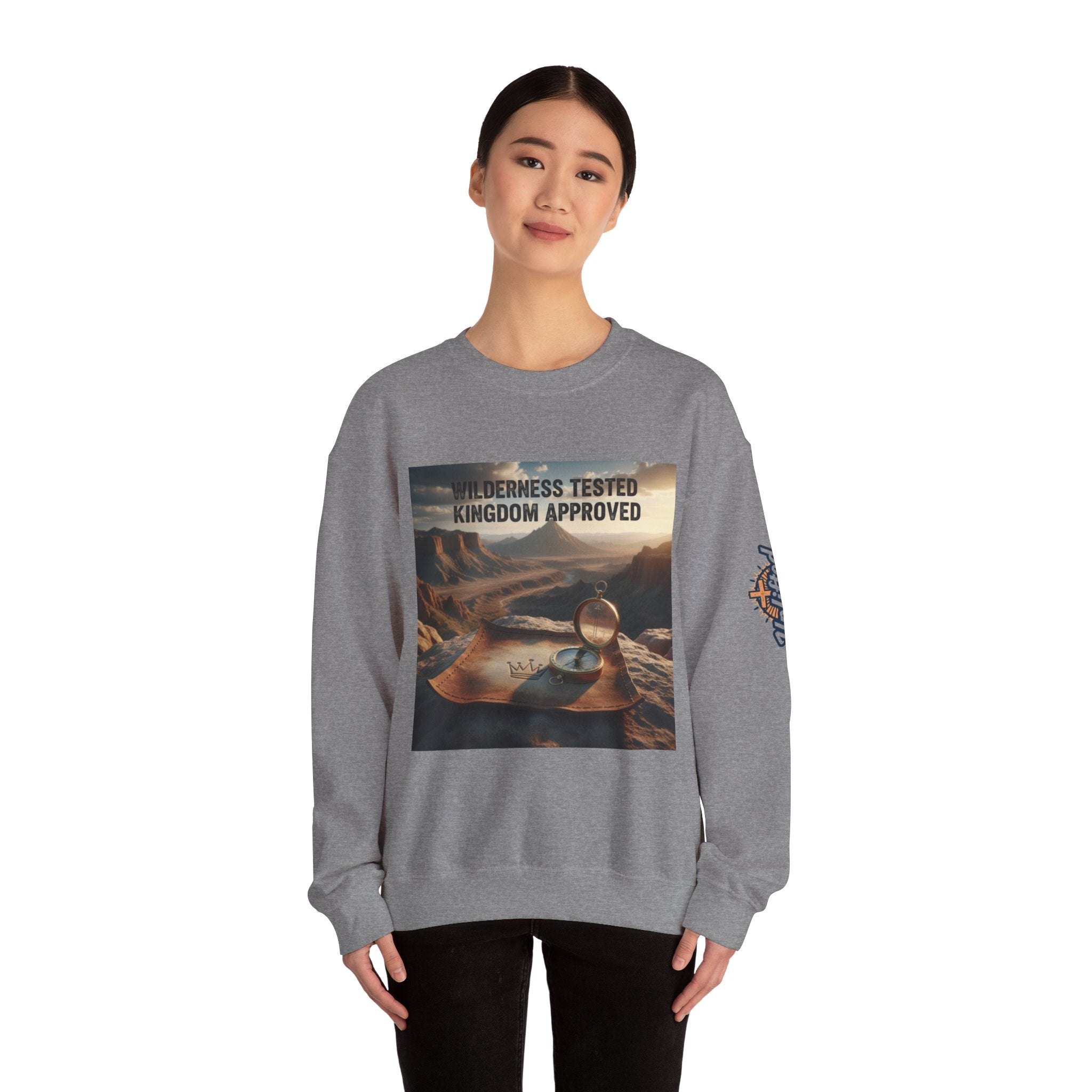 Wilderness Tested Kingdom Approved Sweatshirt – Mountain Desert Compass Crown Christian Sweatshirt for Biblical Adventure Faith Printify