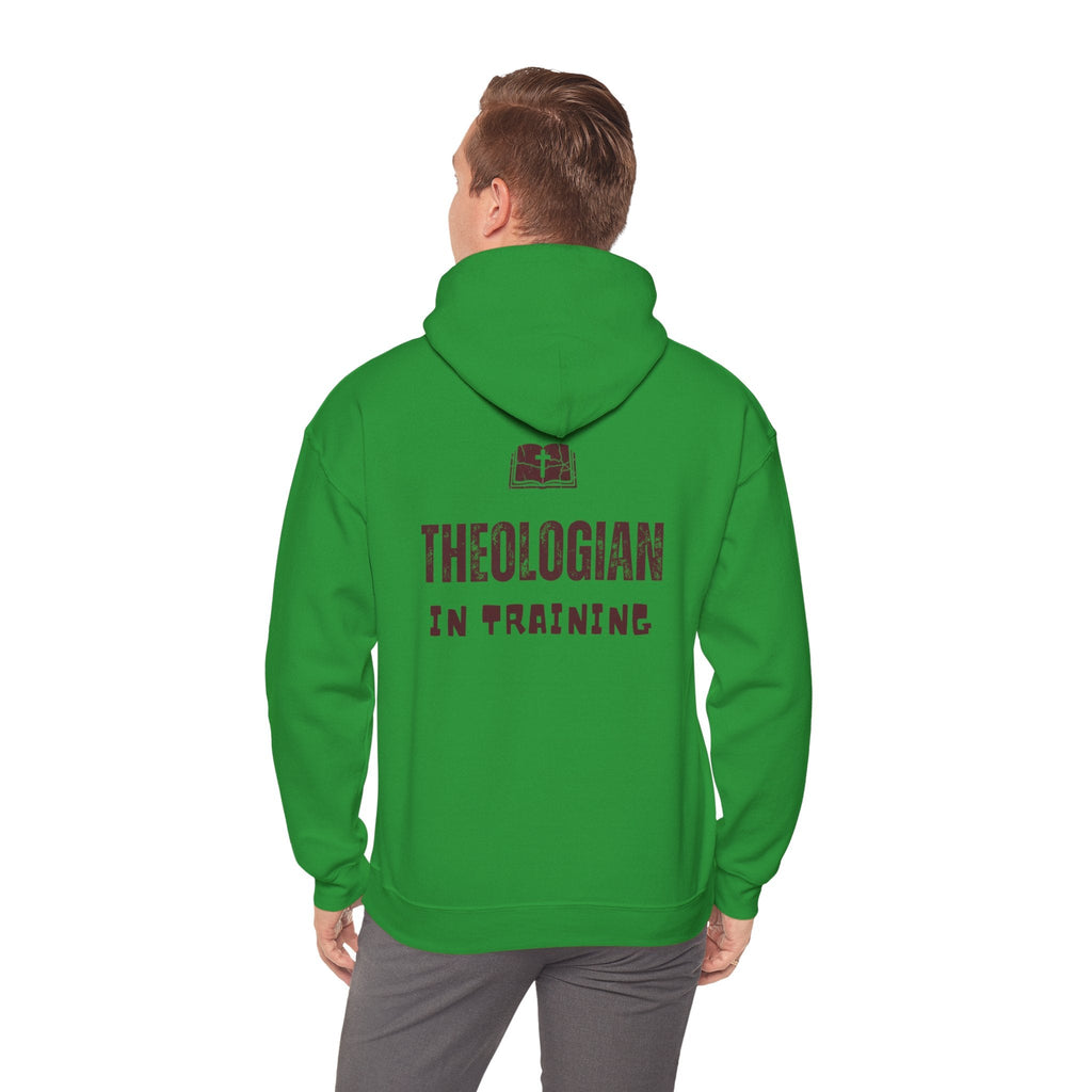 Theologian in Training Hoodie – Open Bible & Cross Christian Hoodie for Faithful Growth Printify