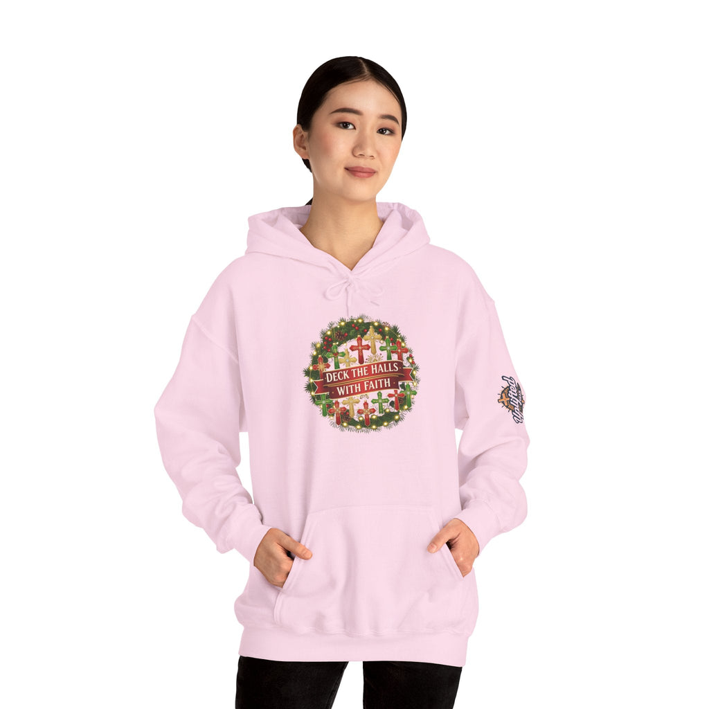 🎄 Deck the Halls with Faith – Christian Christmas Hoodie | Cross Ornament Design & Festive Garland | Bold Holiday Faith Tee by Uplifted Gear Printify