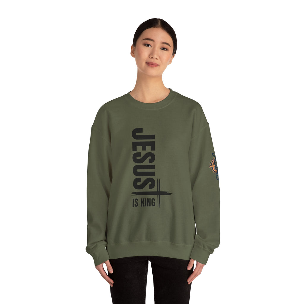 Jesus Is King Sweatshirt | Modern Typographic Cross Christian Sweatshirt Printify