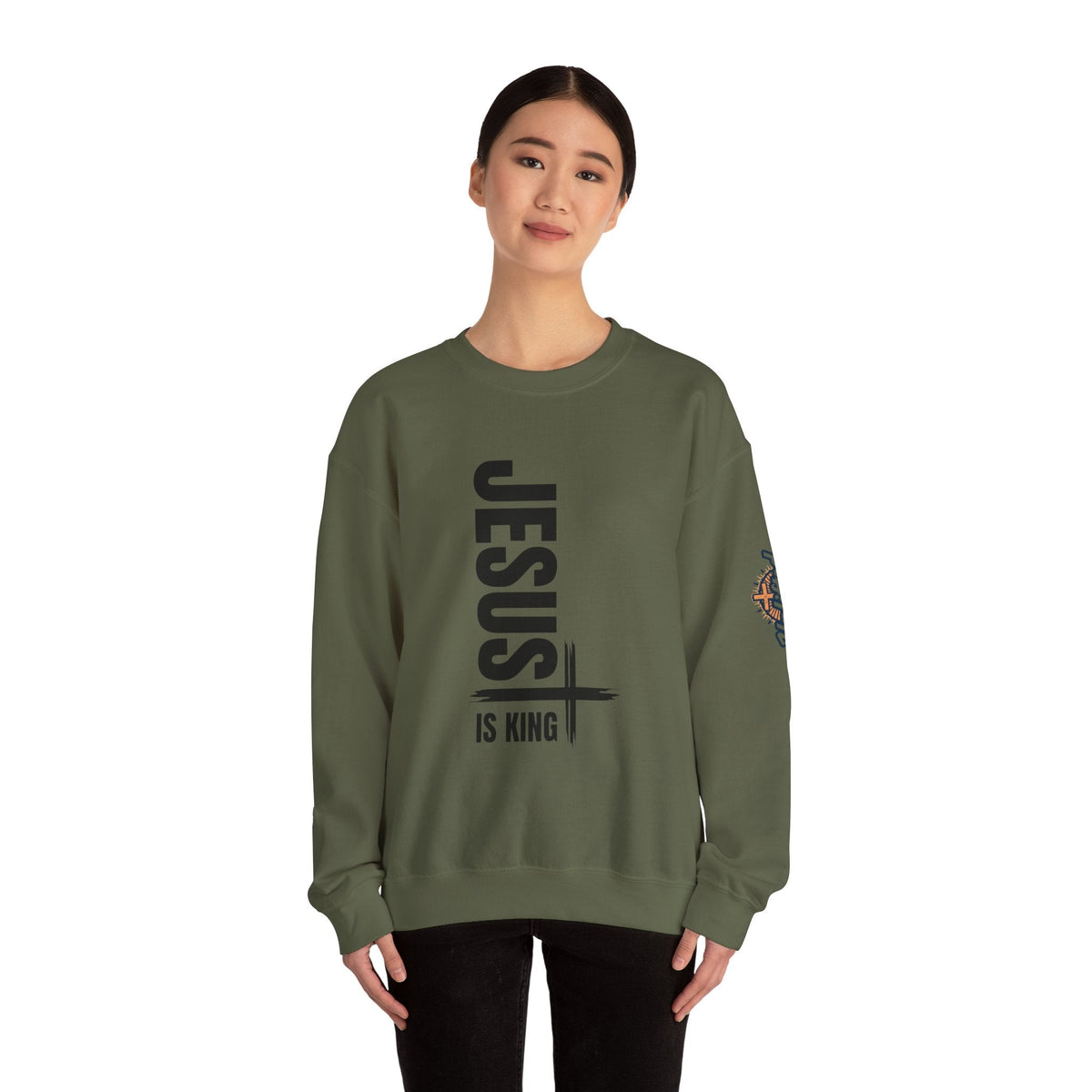 Jesus Is King Sweatshirt | Modern Typographic Cross Christian Sweatshirt Printify