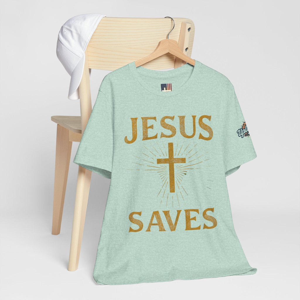 Jesus Saves T-shirt – Radiant Cross & Rays of Light Christian T-shirt for Eternal Hope & Faith Printify