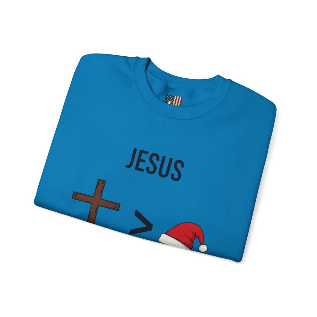 🎄 Jesus > Santa – Minimalist Christian Christmas Sweatshirt | Bold Faith Over Holiday Tee | Cross vs Santa Hat Design | Uplifted Gear Printify