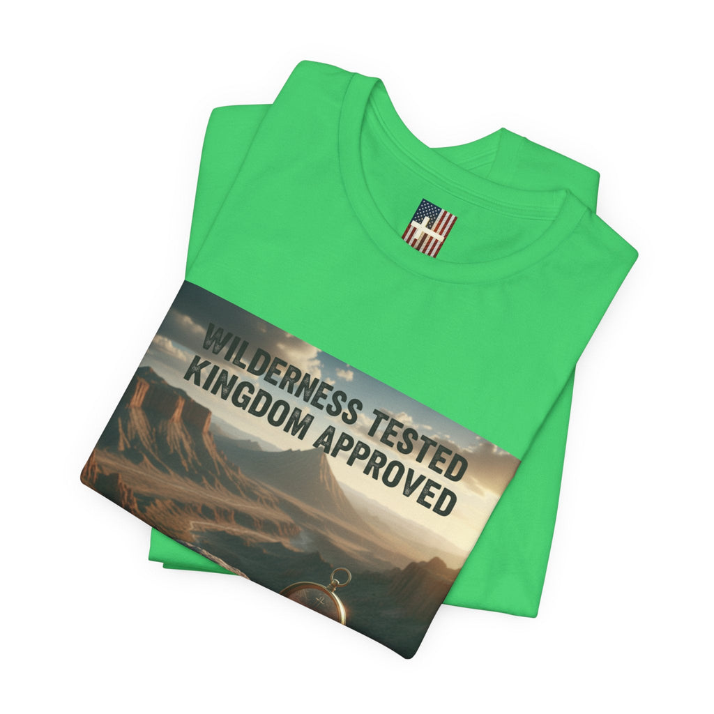 Wilderness Tested Kingdom Approved T-shirt – Mountain Desert Compass Crown Christian T-shirt for Biblical Adventure Faith Printify