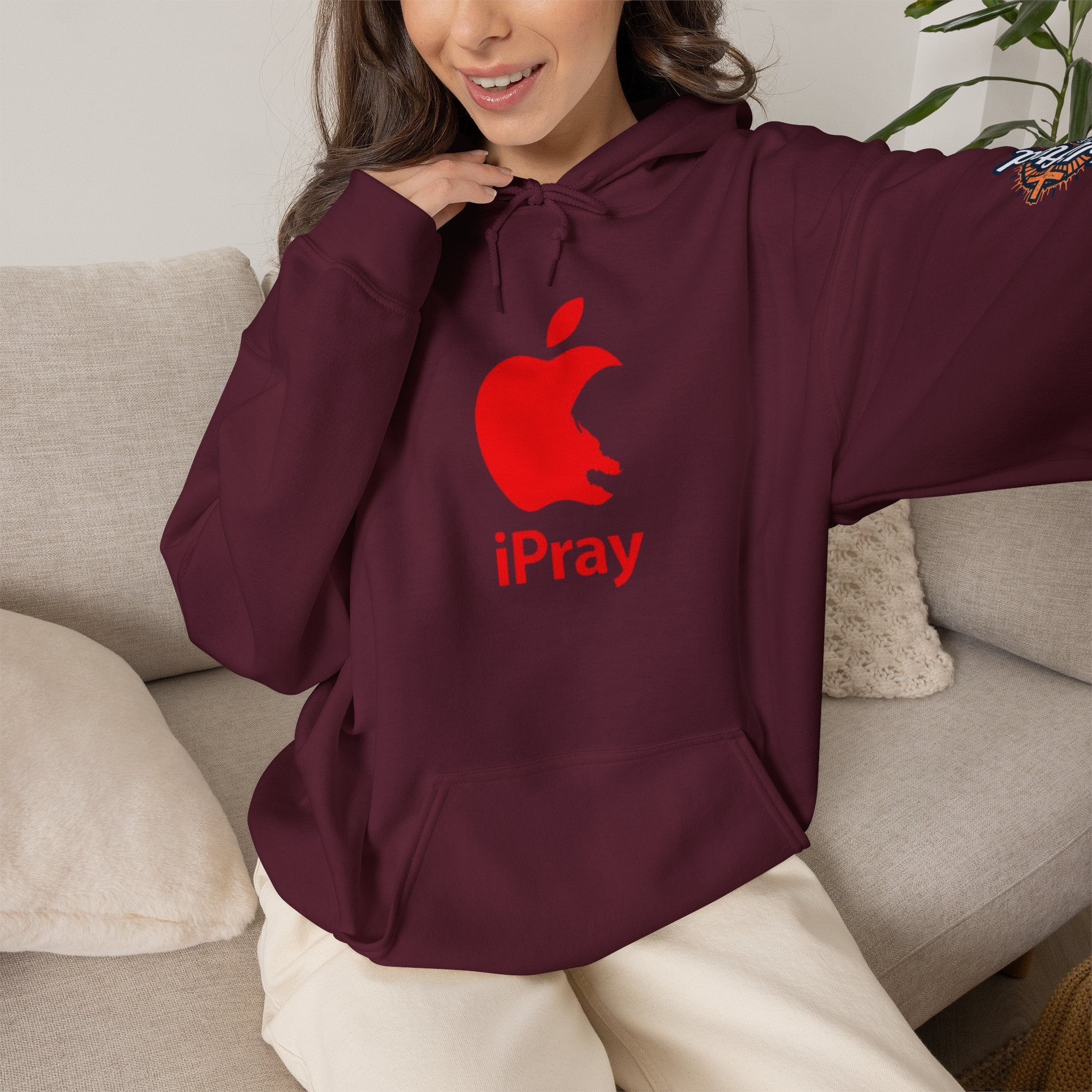 iPray Apple Logo Hoodie — Funny Christian Hoodie (Minimal Red Apple Graphic) Printify