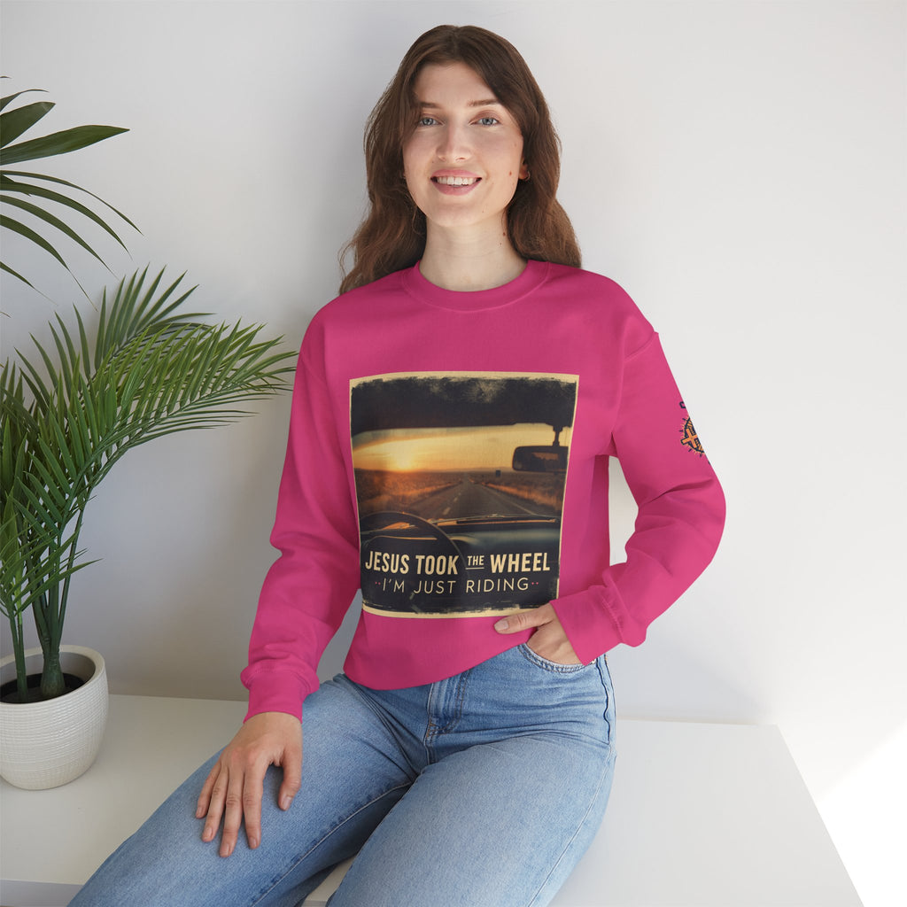 Jesus Took the Wheel I'm Just Riding Sweatshirt – Funny Christian Convertible Car Sweatshirt for Surrendered Faith & Humor