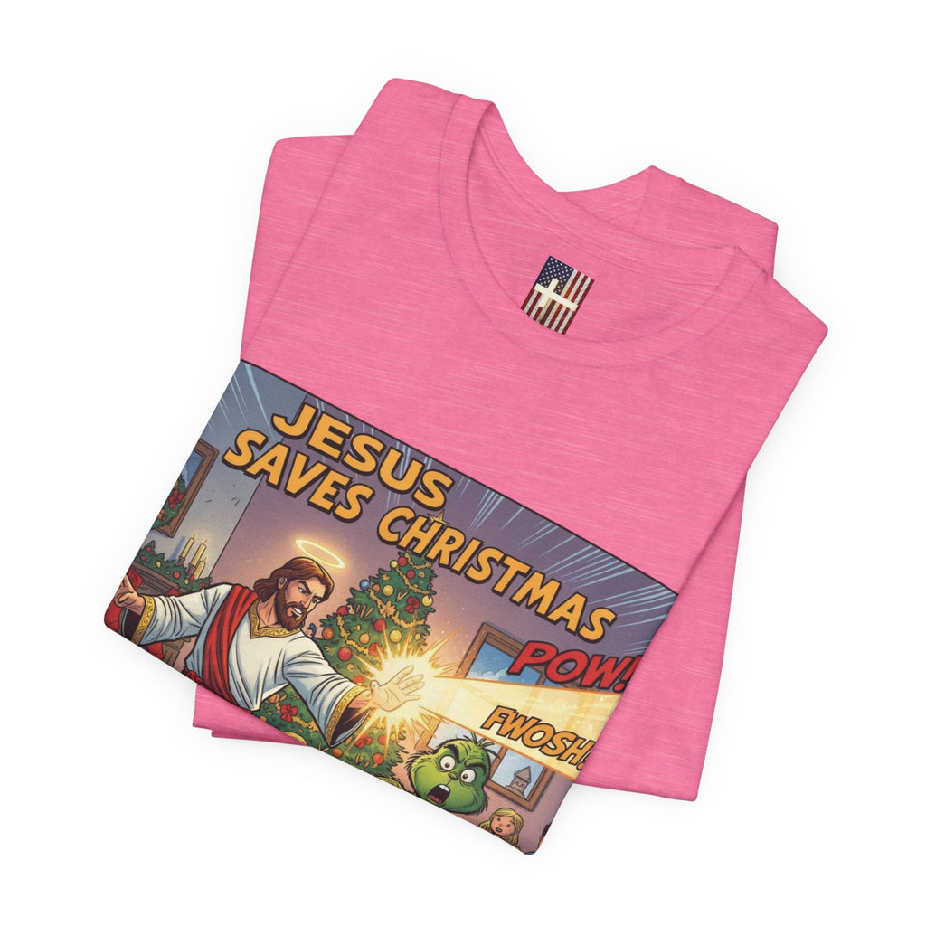 Jesus Saves Christmas T-shirt – Grinch vs Savior Light Battle Christian T-shirt for Hilarious Holiday Faith & True Joy Printify