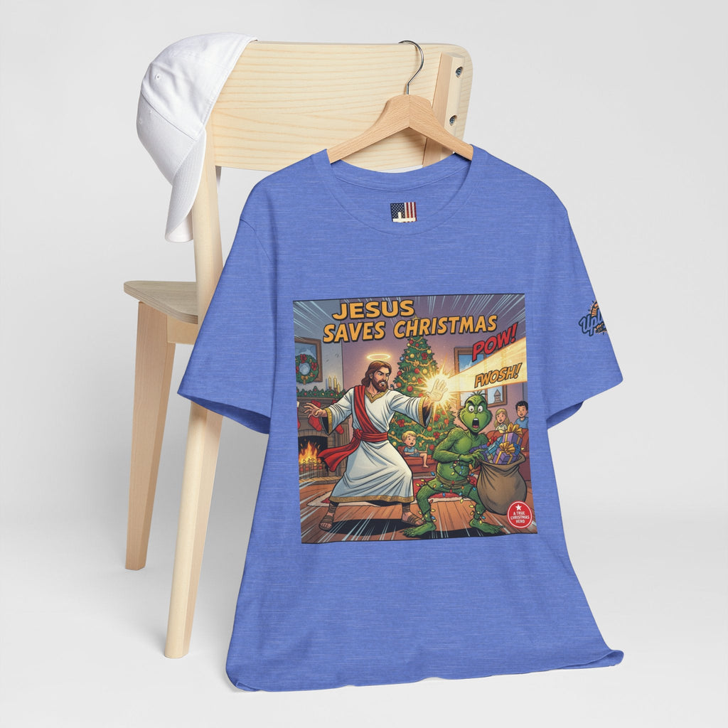 Jesus Saves Christmas T-shirt – Grinch vs Savior Light Battle Christian T-shirt for Hilarious Holiday Faith & True Joy Printify