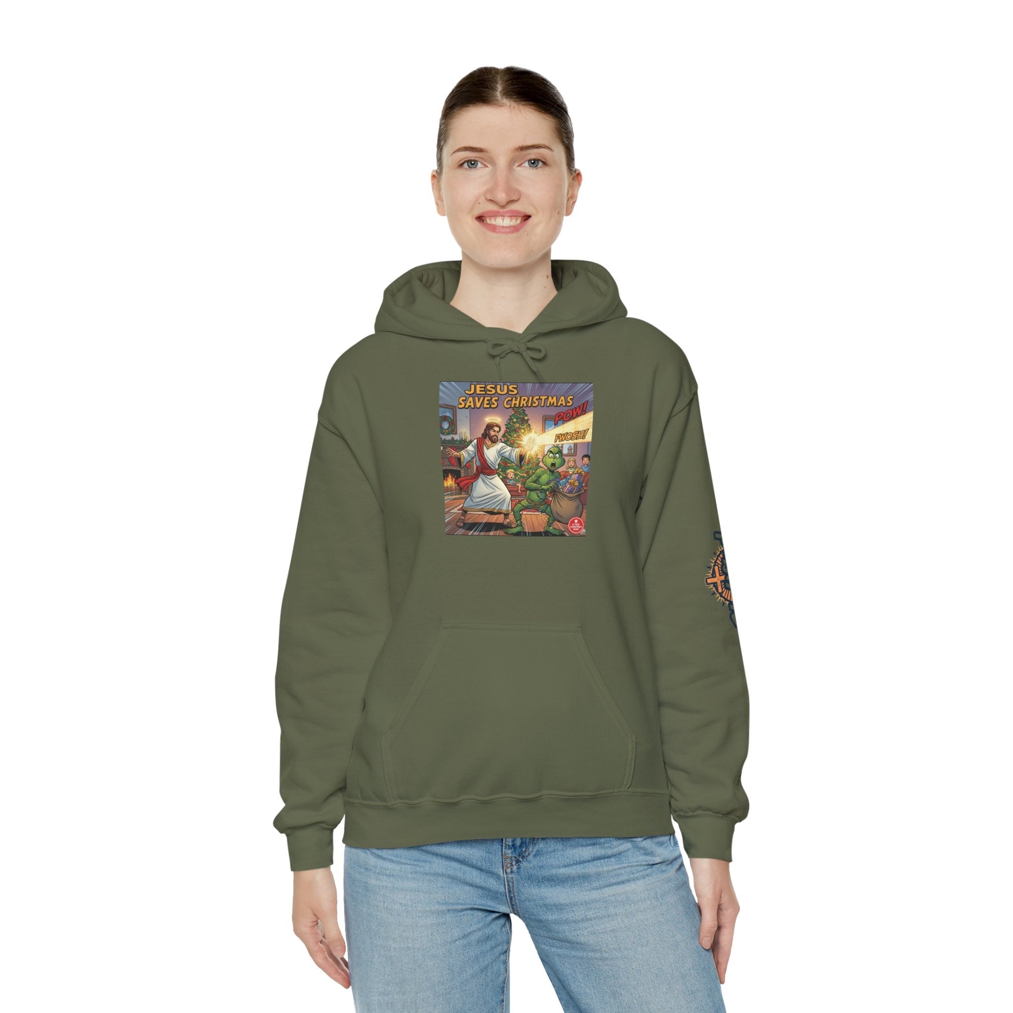 Jesus Saves Christmas Hoodie – Grinch vs Savior Light Battle Christian Sweatshirt for Hilarious Holiday Faith & True Joy Printify