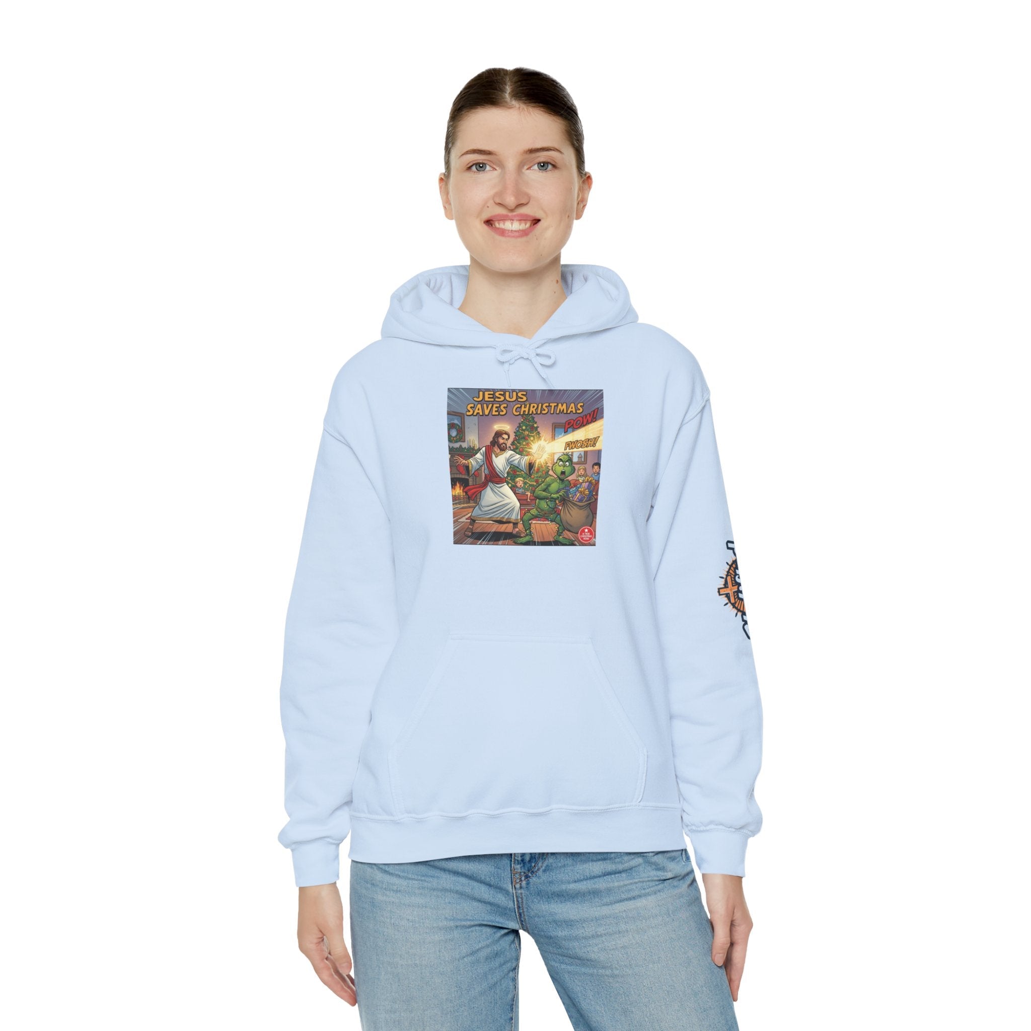 Jesus Saves Christmas Hoodie – Grinch vs Savior Light Battle Christian Sweatshirt for Hilarious Holiday Faith & True Joy Printify
