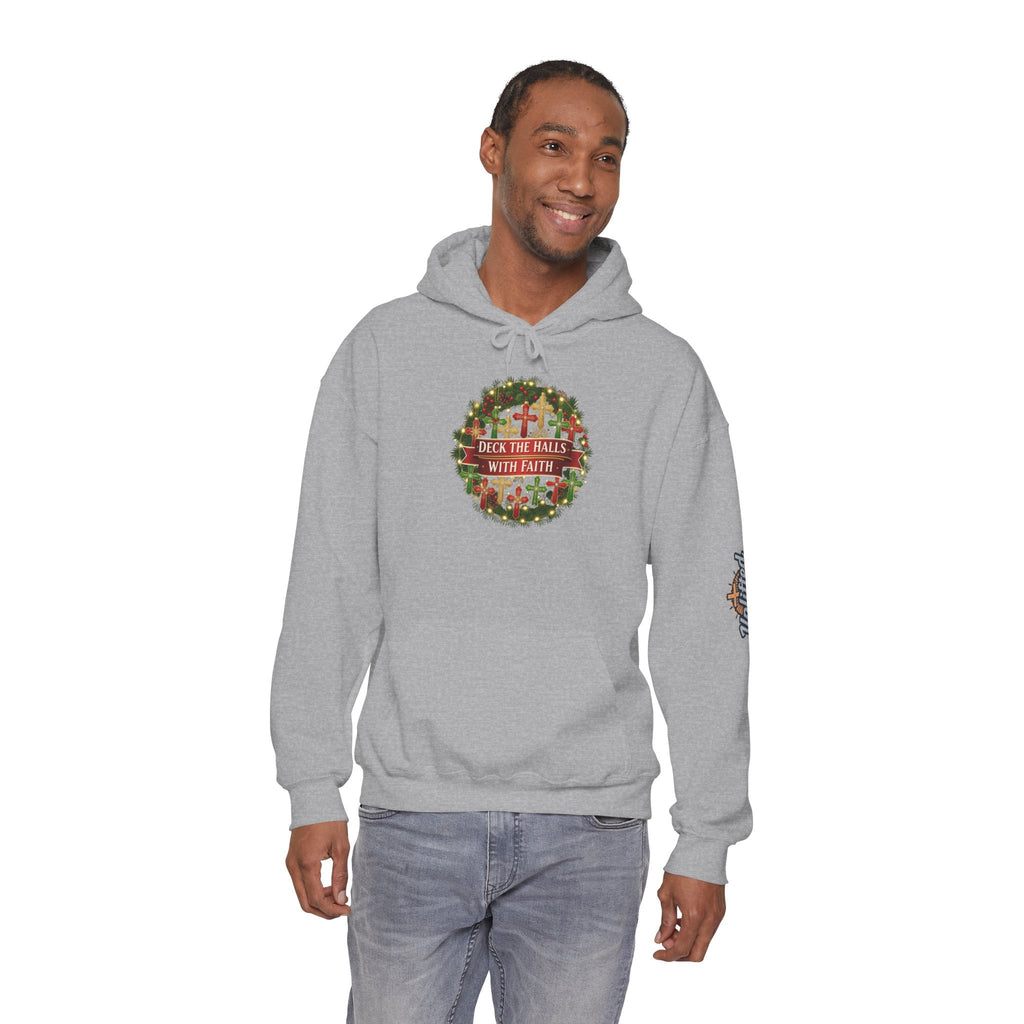 🎄 Deck the Halls with Faith – Christian Christmas Hoodie | Cross Ornament Design & Festive Garland | Bold Holiday Faith Tee by Uplifted Gear Printify