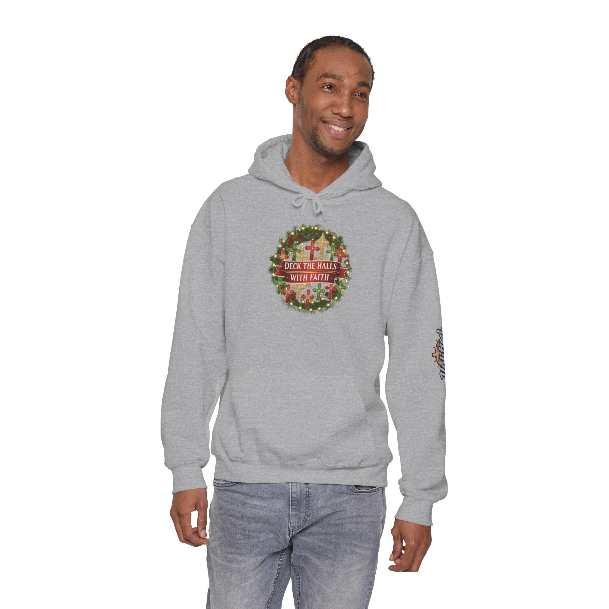 🎄 Deck the Halls with Faith – Christian Christmas Hoodie | Cross Ornament Design & Festive Garland | Bold Holiday Faith Tee by Uplifted Gear Printify
