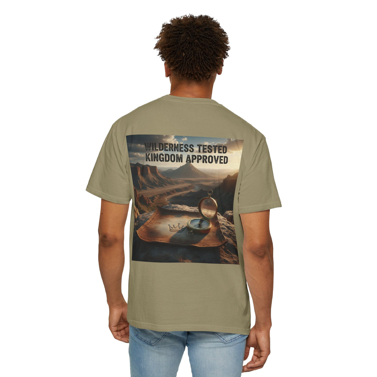 Wilderness Tested Kingdom Approved T-shirt – Mountain Desert Compass Crown Christian T-shirt for Biblical Adventure Faith Printify