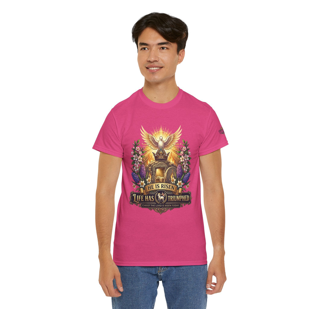 He Is Risen "Life Has Triumphed" T-Shirt — Easter Resurrection Christian Tee Printify