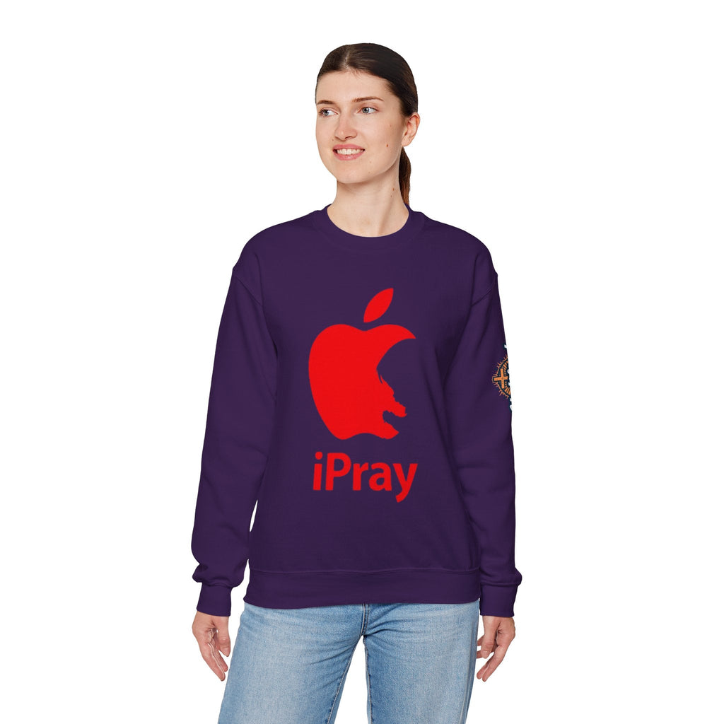 iPray Apple Logo Sweatshirt — Funny Christian Sweatshirt (Minimal Red Apple Graphic) Printify