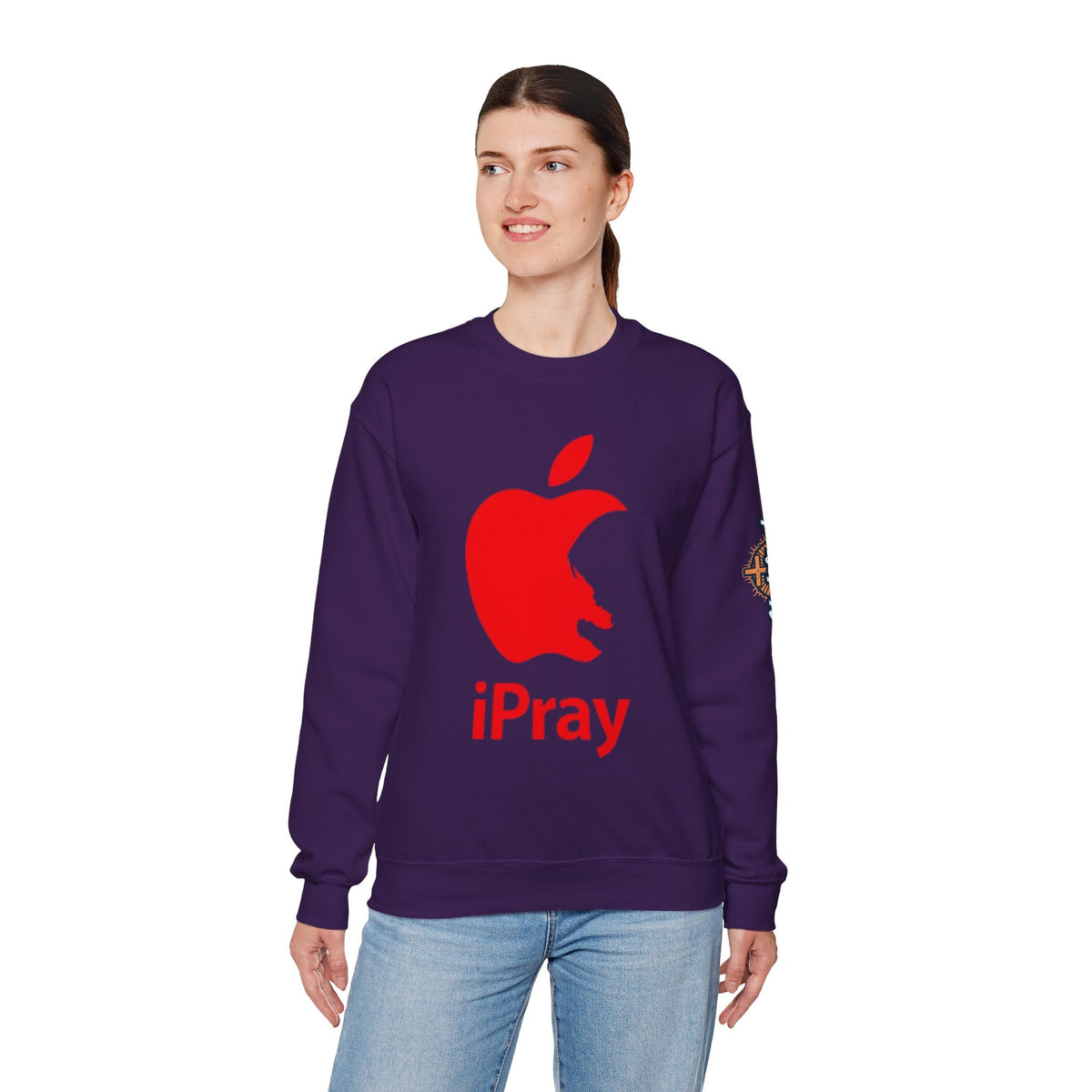 iPray Apple Logo Sweatshirt — Funny Christian Sweatshirt (Minimal Red Apple Graphic) Printify