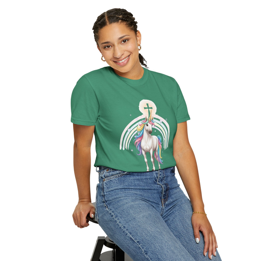 Unique Unicorn Christian T-Shirt – Wonderfully Made with Rainbow Cross & Psalm 139:14 Printify