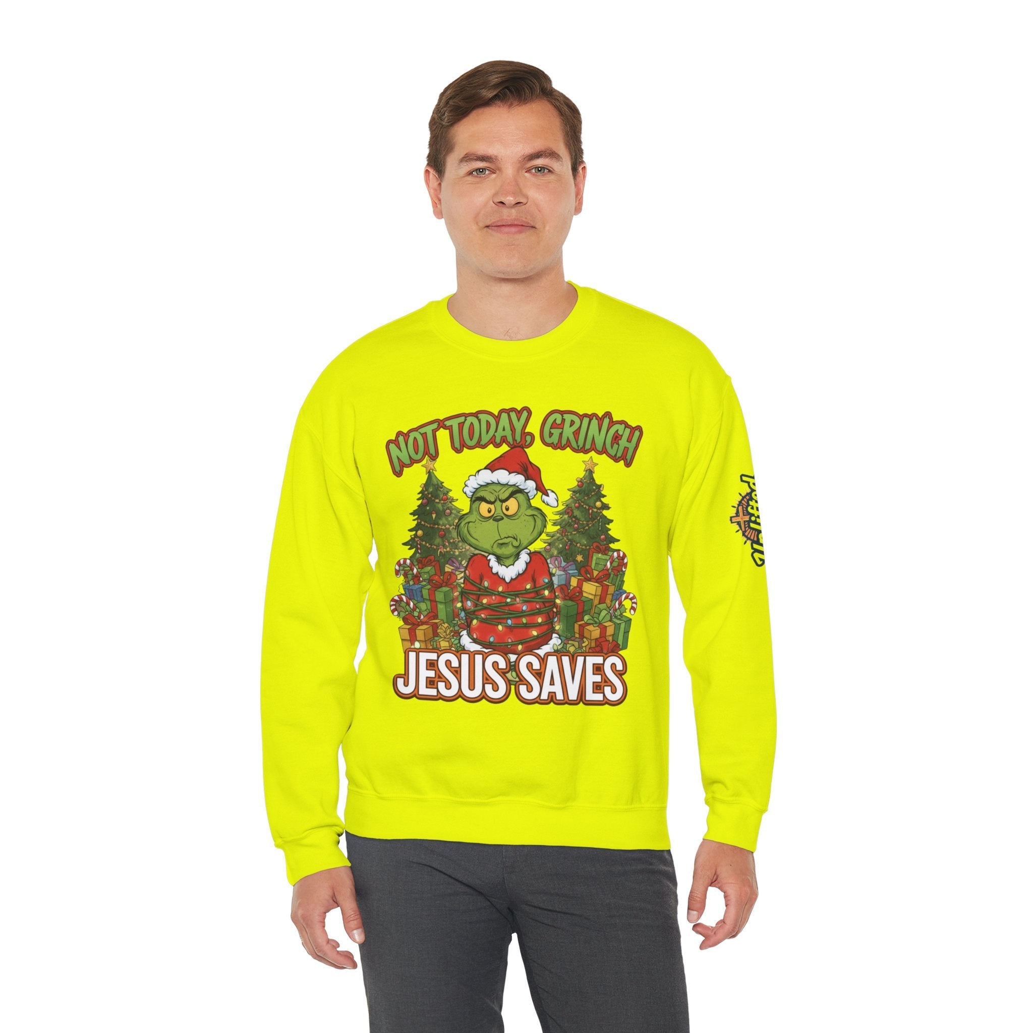🎄 Not Today, Grinch – Jesus Saves | Funny Christian Christmas Sweatshirt | Sulking Grinch & Glowing Cross | Bold Neon Faith Tee by Uplifted Gear Printify