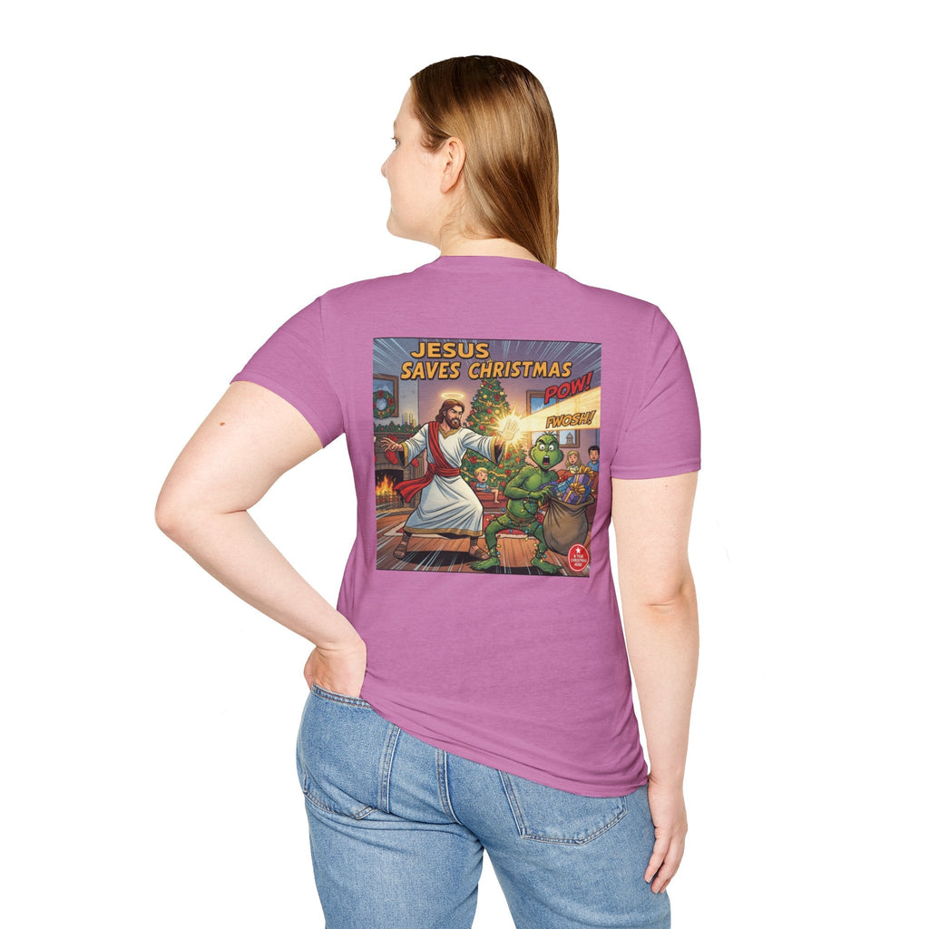 Jesus Saves Christmas T-shirt – Grinch vs Savior Light Battle Christian T-shirt for Hilarious Holiday Faith & True Joy Printify