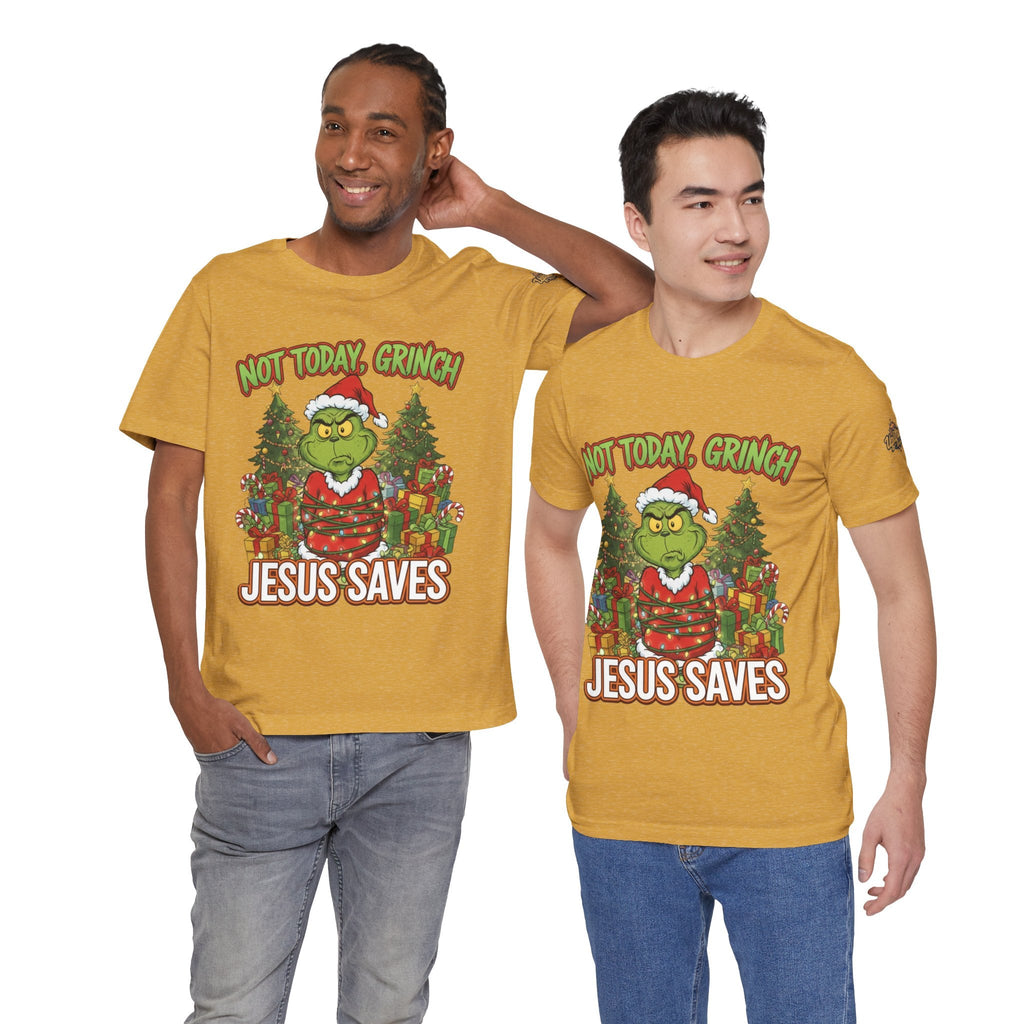🎄 Not Today, Grinch – Jesus Saves | Funny Christian Christmas T-Shirt | Sulking Grinch & Glowing Cross | Bold Neon Faith Tee by Uplifted Gear Printify