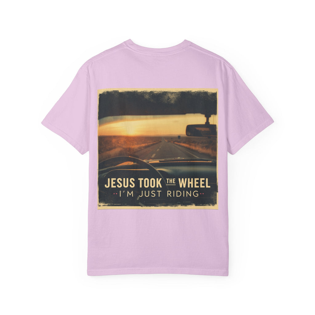 Jesus Took the Wheel I'm Just Riding T-shirt – Funny Christian Convertible Car T-shirt for Surrendered Faith & Humor Printify