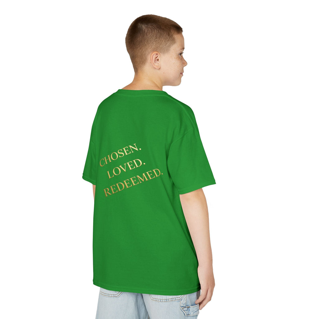 ✨ Chosen. Loved. Redeemed. – Elegant Christian Kids T-Shirt | Gold Foil Faith Tee | Subtle Cross & Heart Design | Inspirational Bible Verse Apparel by Uplifted Gear Printify