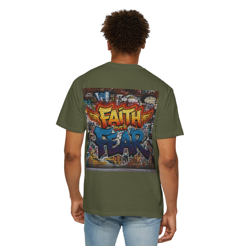 Faith Over Fear T-shirt – Graffiti Wall Christian T-shirt for Bold 2 Corinthians 5:7 Streetwear & Unshakable Faith Printify