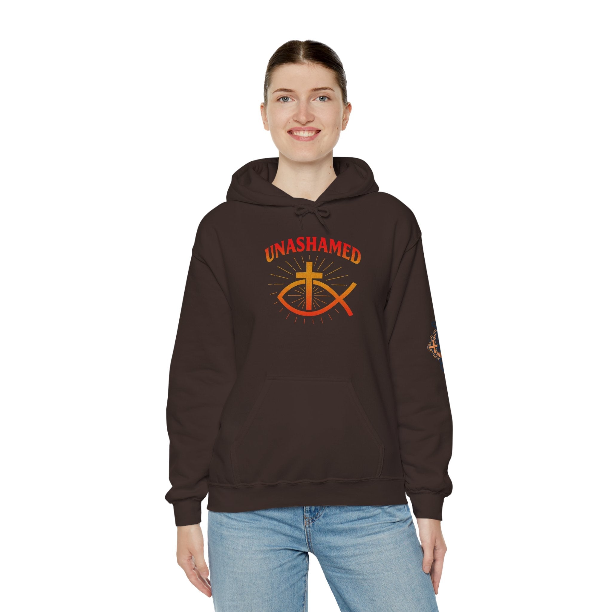Unashamed Hoodie – Ichthys Jesus Fish & Cross Christian Sweatshirt for Romans 1:16 Bold Faith Printify