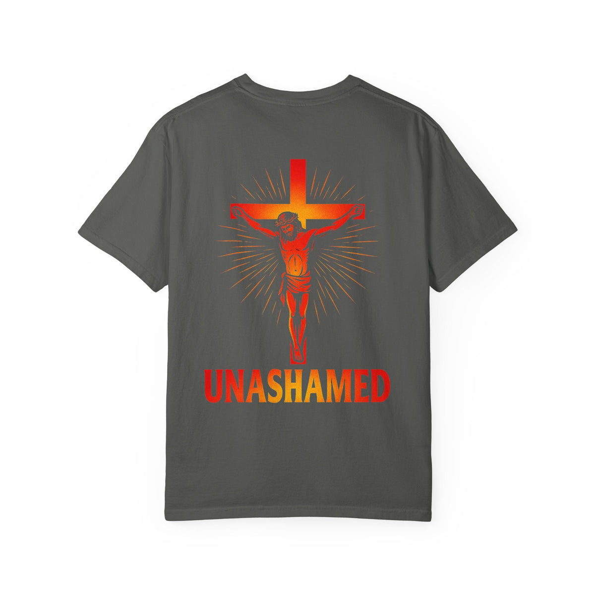 Unashamed T-shirt – Romans 1:16 Crucifixion Christian t-shirt for Bold Unwavering Faith Red Printify