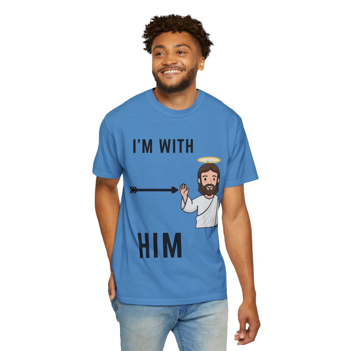 🔥 I’m With Him → Christian T-Shirt | Arrow Pointing to Jesus | Minimalist Faith Tee | Subtle Cross Design | Bible-Inspired Apparel by Uplifted Gear Printify