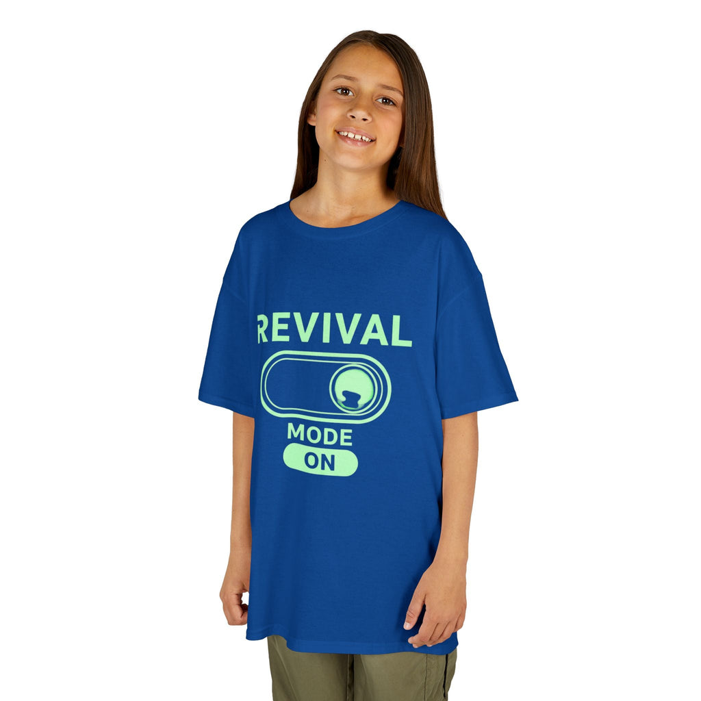 🔥 Revival Mode: ON – Christian Techwear Kids T-Shirt | Glowing Green Faith Switch | Futuristic Jesus Shirt | Activate Your Spiritual Awakening | Uplifted Gear Printify