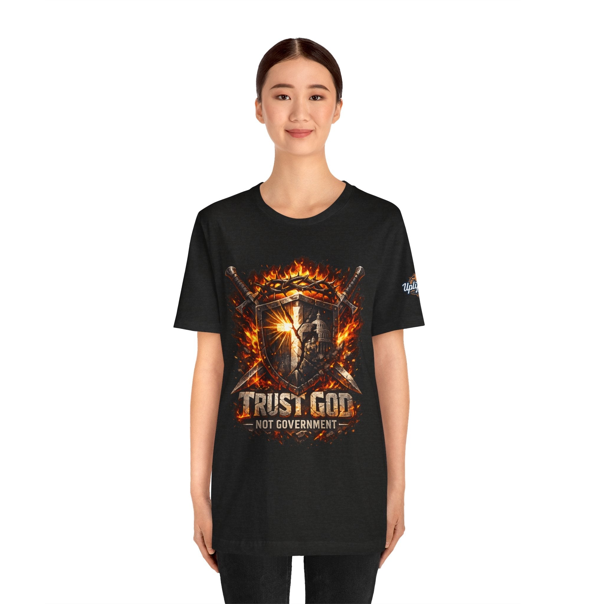 Trust God Not Government Shield Tee — Patriotic Christian Faith T-Shirt Printify