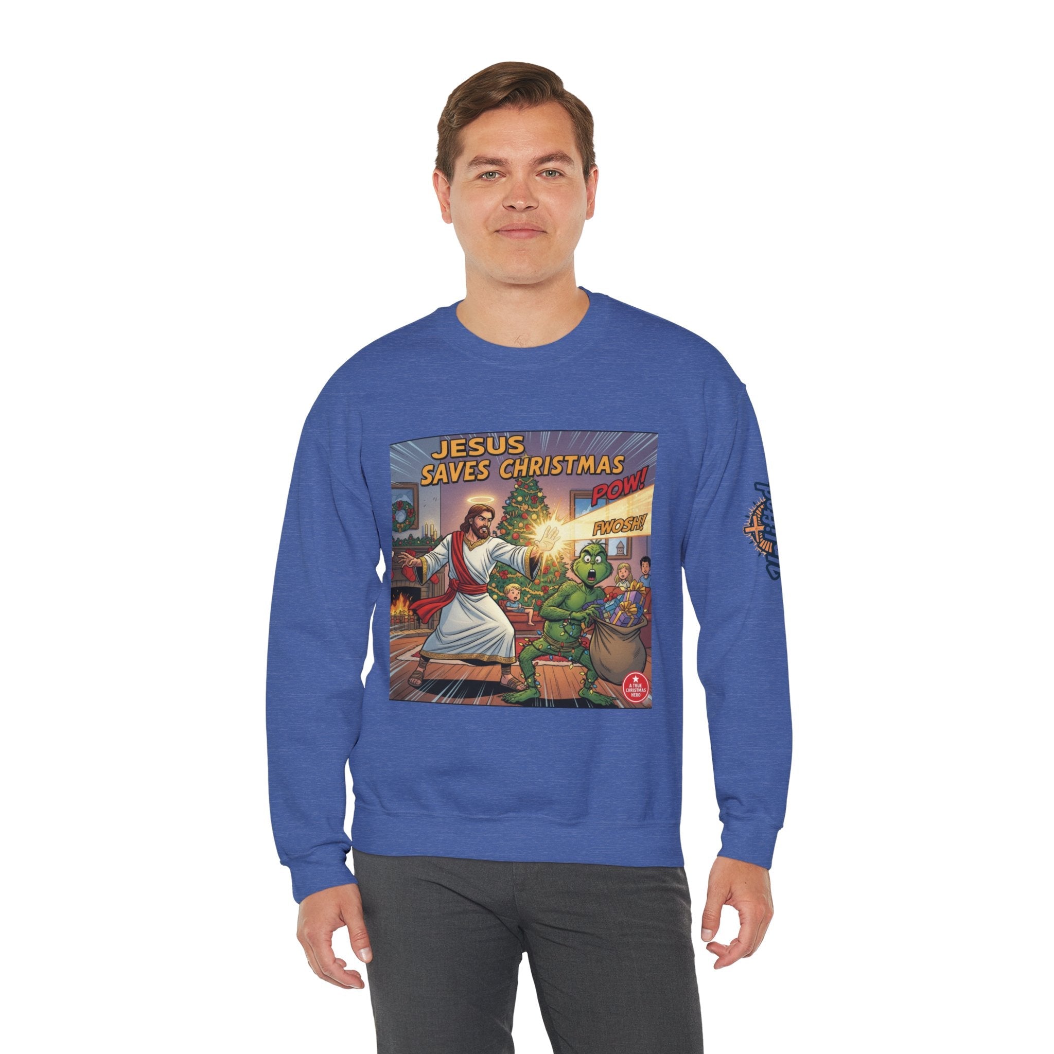 Jesus Saves Christmas Sweatshirt – Grinch vs Savior Light Battle Christian Sweatshirt for Hilarious Holiday Faith & True Joy Printify