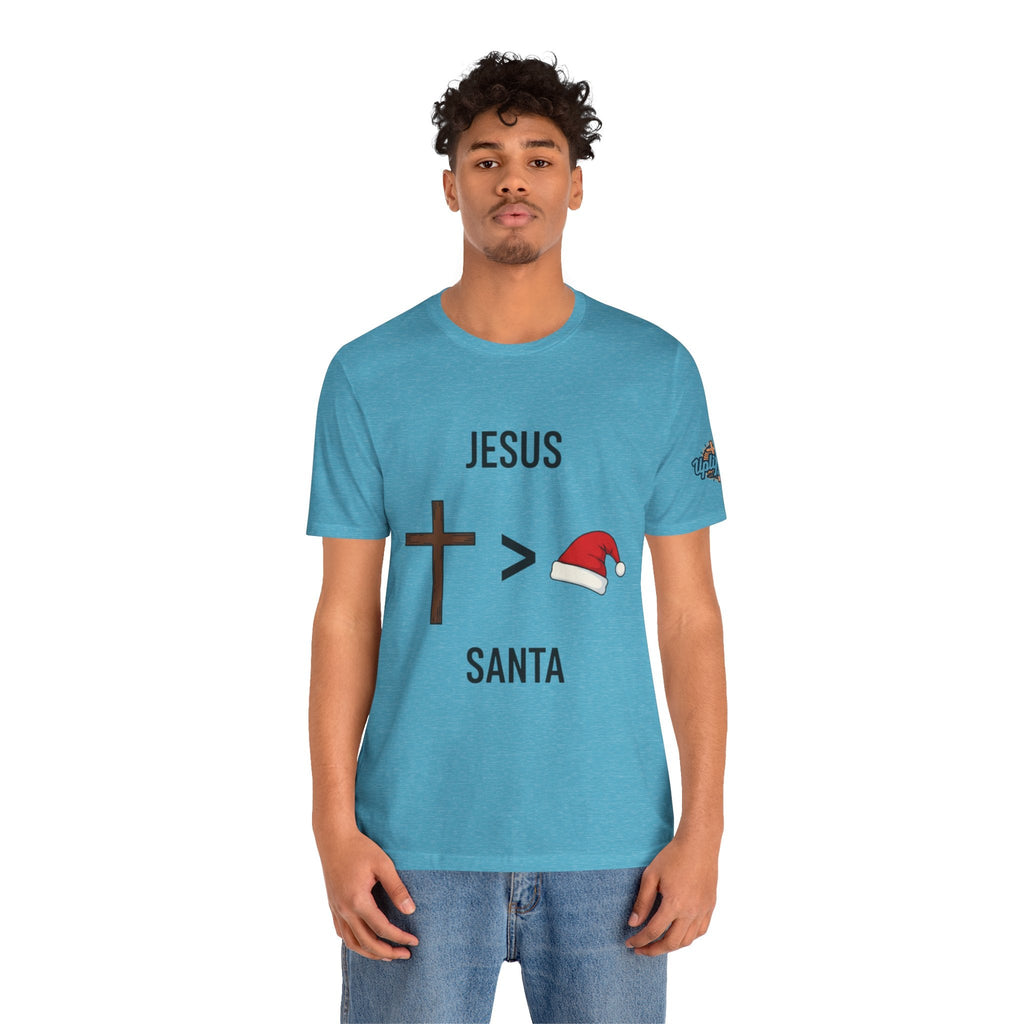 🎄 Jesus > Santa – Minimalist Christian Christmas T-Shirt | Bold Faith Over Holiday Tee | Cross vs Santa Hat Design | Uplifted Gear Printify
