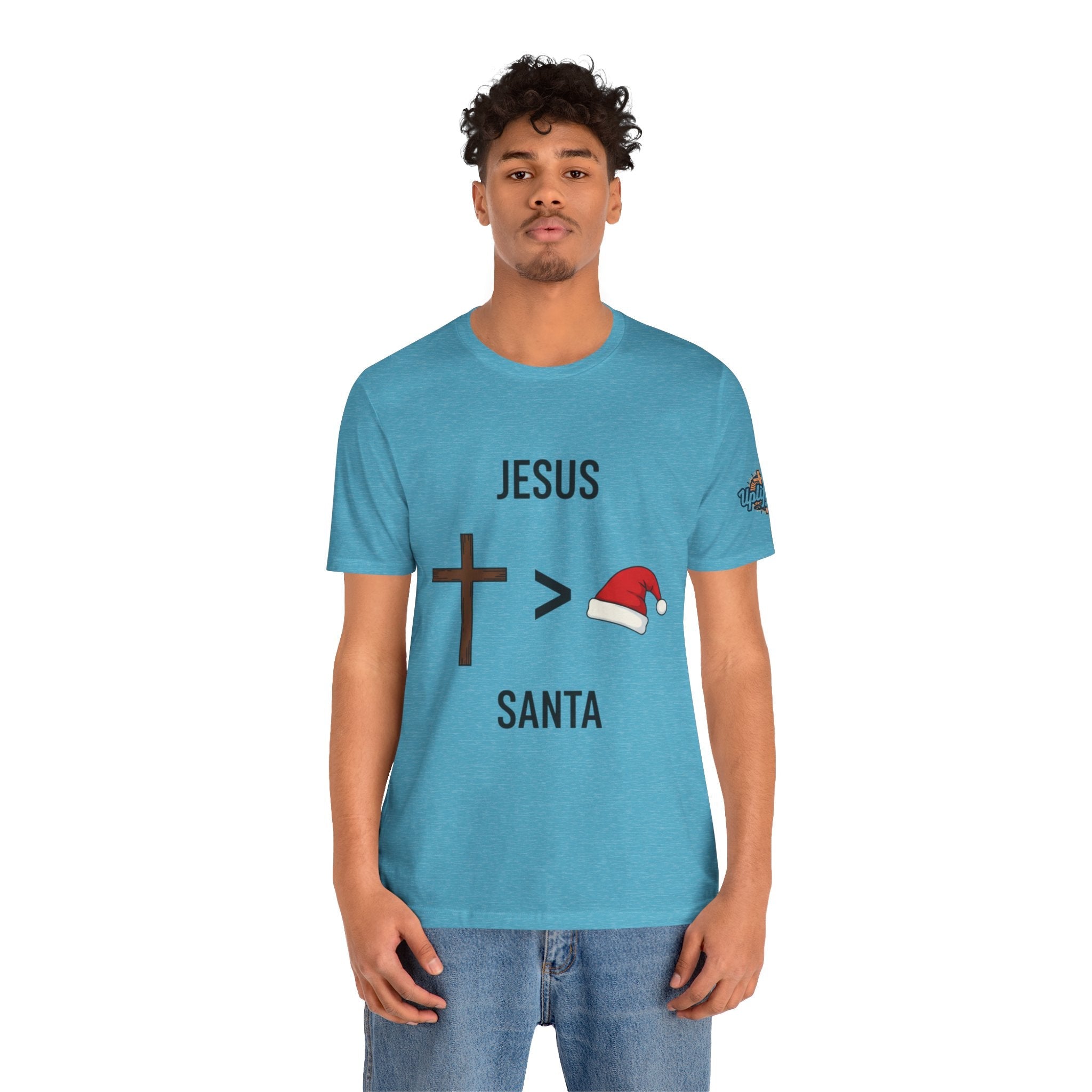🎄 Jesus > Santa – Minimalist Christian Christmas T-Shirt | Bold Faith Over Holiday Tee | Cross vs Santa Hat Design | Uplifted Gear Printify