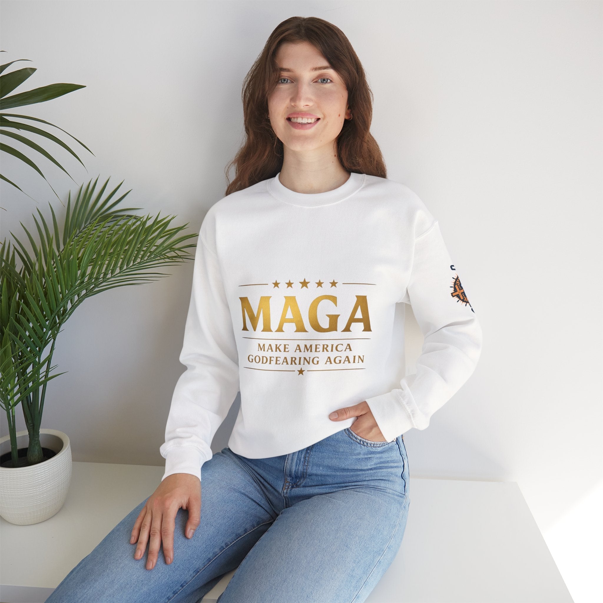 Sweatshirt — "MAGA Make America Godfearing Again" Gold Logo Crewneck Printify
