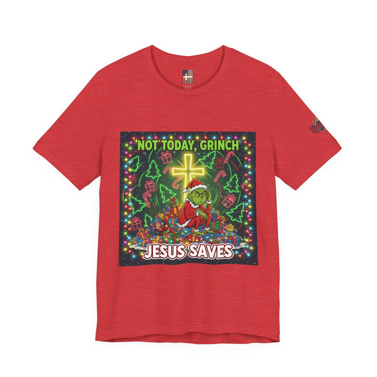 🎄 Not Today, Grinch – Jesus Saves | Funny Christian Christmas T-Shirt | Festive Green & Red Cartoon Style | Bold Faith Holiday Tee by Uplifted Gear Printify