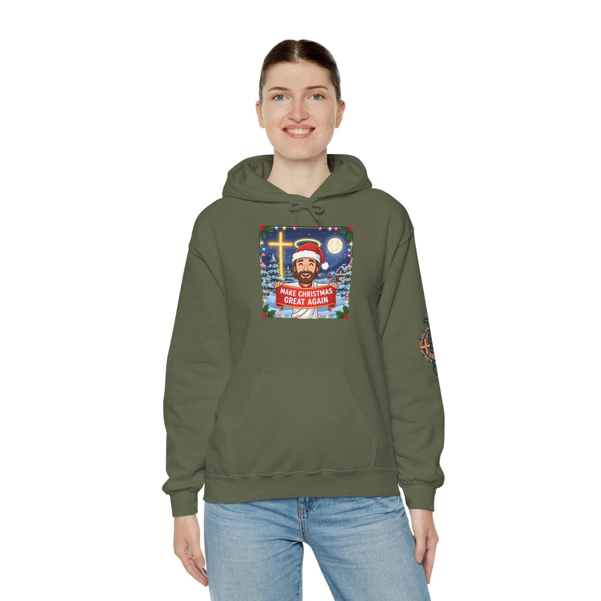 🎄 Make Christmas Great Again – Funny Christian Hoodie | Jesus Holding Banner | Faith-Based Holiday Parody Tee | Uplifted Gear Printify