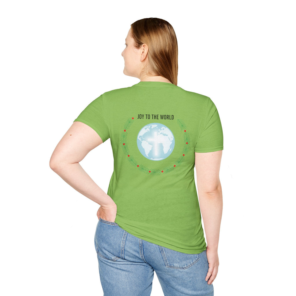 Joy to the World T-shirt – Wreath Earth Nativity Christian Christmas T-shirt for Isaiah 9:6 Holiday Faith & Festive Joy Printify