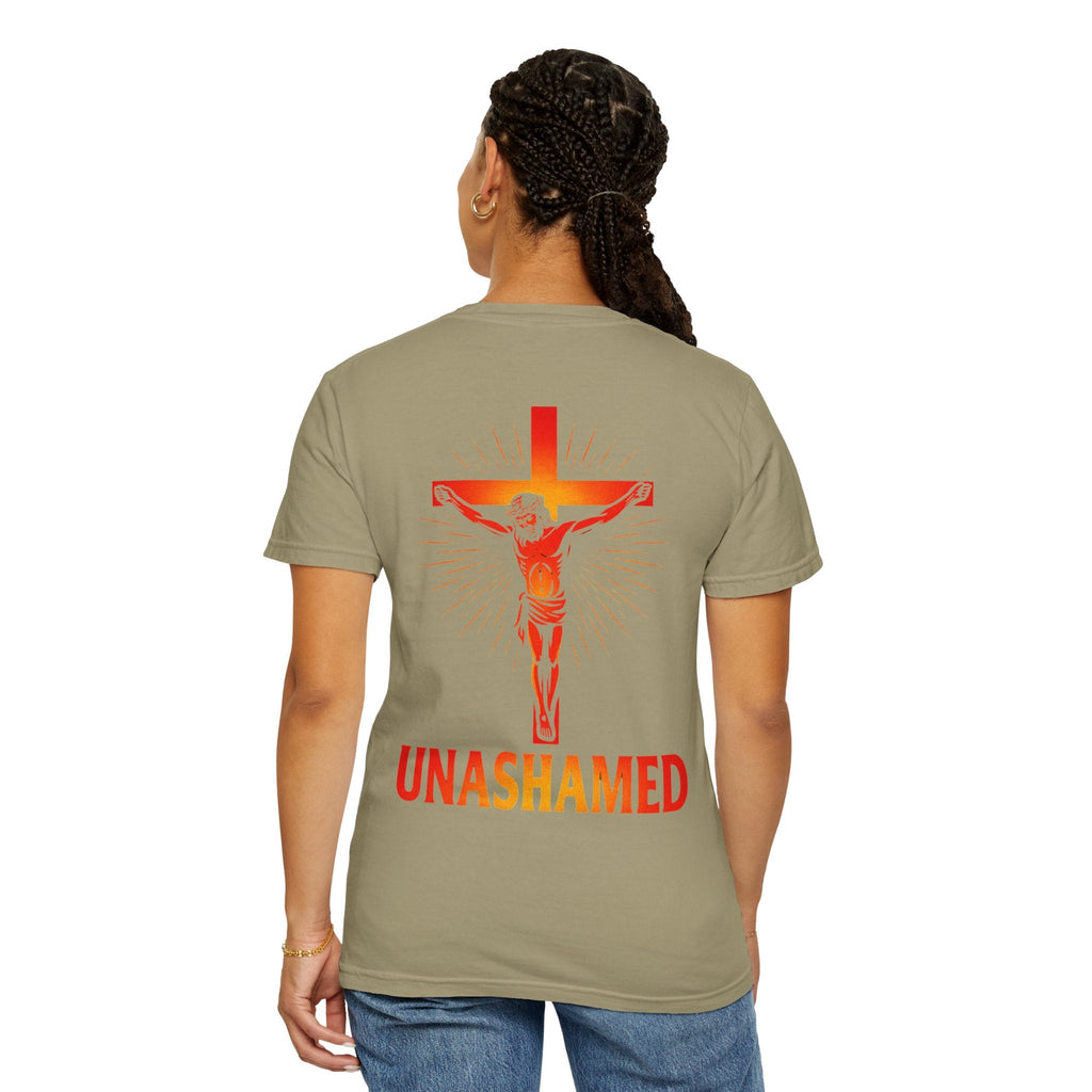 Unashamed T-shirt – Romans 1:16 Crucifixion Christian t-shirt for Bold Unwavering Faith Red Printify