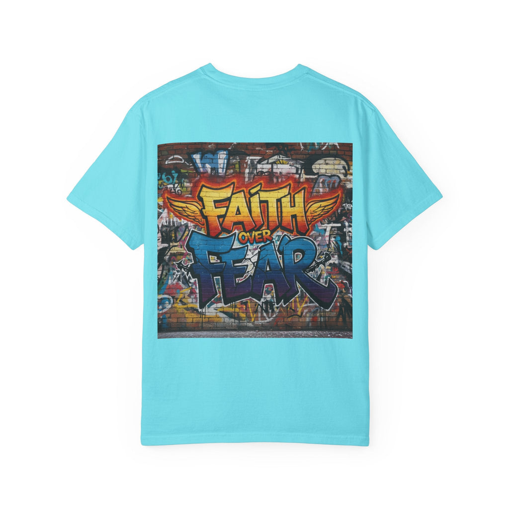 Faith Over Fear T-shirt – Graffiti Wall Christian T-shirt for Bold 2 Corinthians 5:7 Streetwear & Unshakable Faith Printify