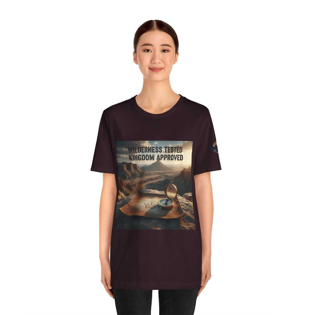 Wilderness Tested Kingdom Approved T-shirt – Mountain Desert Compass Crown Christian T-shirt for Biblical Adventure Faith Printify